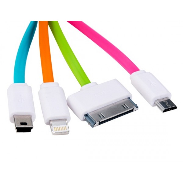 1-to-4 1M Colorful Flat USB Data Cable with Micro USB, Mini USB, 8-pin & 30-pin Interface (Green)