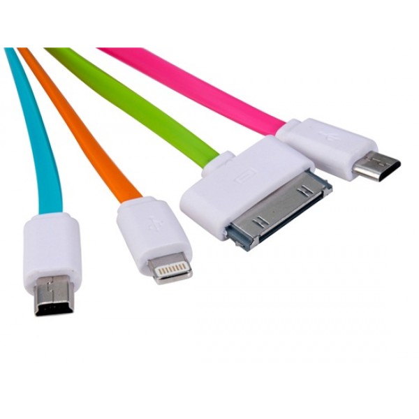1-to-4 1M Colorful Flat USB Data Cable with Micro USB, Mini USB, 8-pin & 30-pin Interface (Orange)