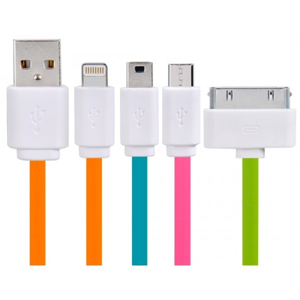 1-to-4 1M Colorful Flat USB Data Cable with Micro USB, Mini USB, 8-pin & 30-pin Interface (Orange)