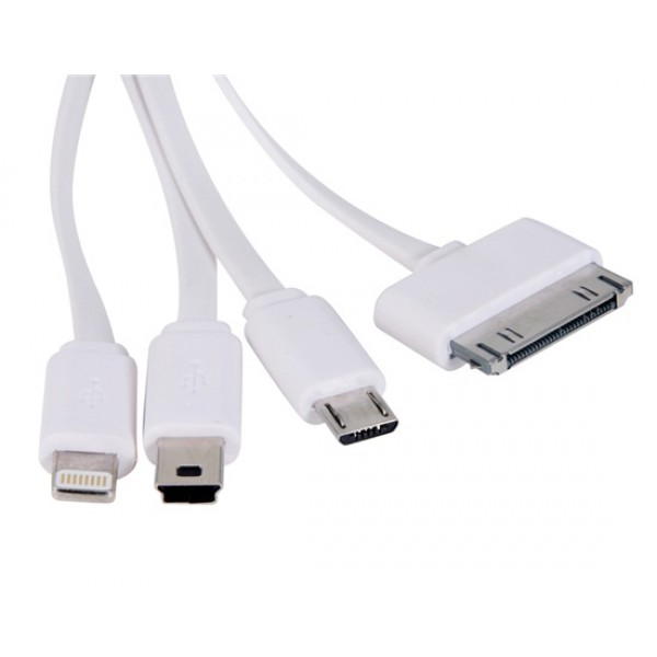 1-to-4 1M Colorful Flat USB Data Cable with Micro USB, Mini USB, 8-pin & 30-pin Interface (White)
