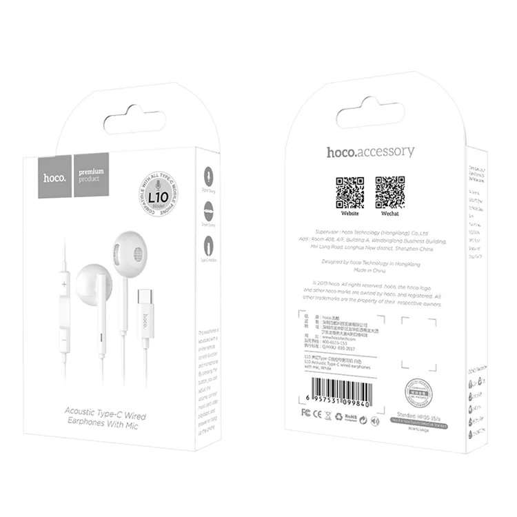 L10 Acoustic Type-C Wired Earphones with Mic - White