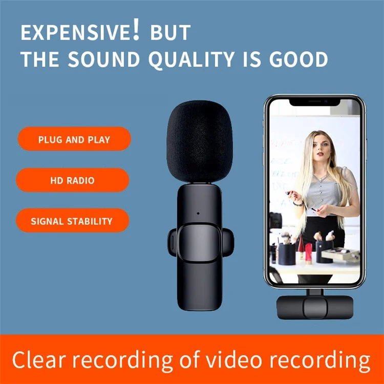 K1 Live Broadcast Lavalier Microphone 2 Noise Reduction Wireless Mic with Type-C Receiver