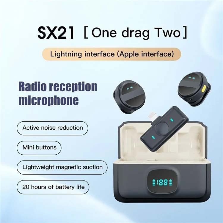 SX21 Wireless Lavalier Microphone for iPhone (2 Microphones+1 Receiver) 2.4G Smart Noise Reduction