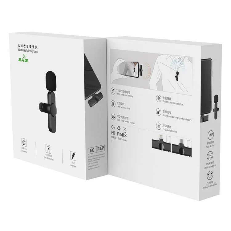 2Pcs Wireless Lavalier Microphone Live Streaming Lapel Clip Mic with Type-C Receiver for Android Phone Tablet