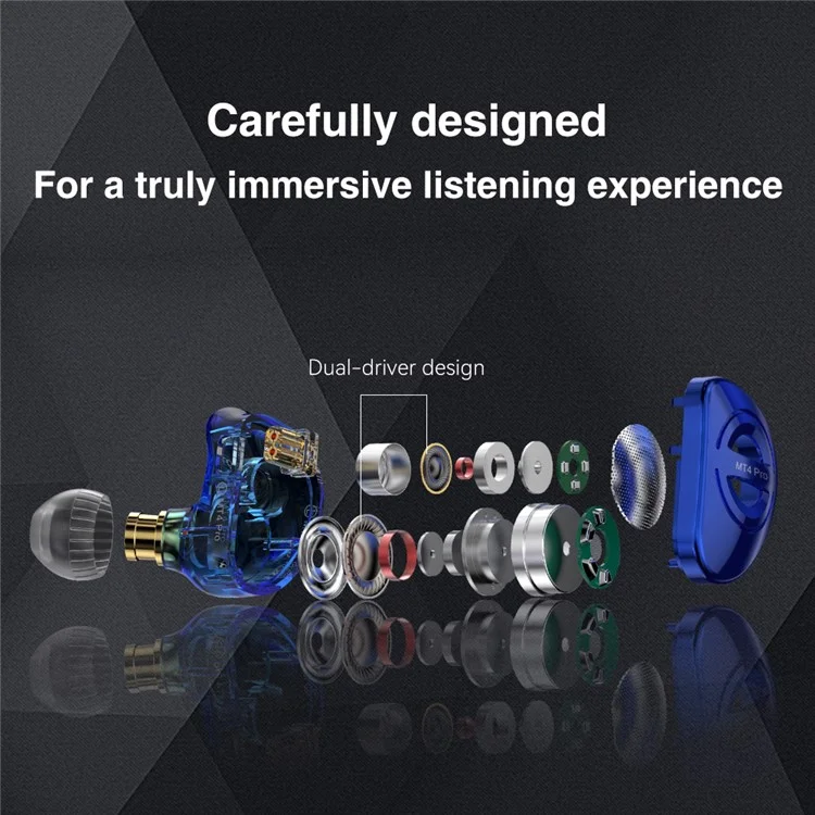 MT4 PRO Detachable 3.5mm Wired In-Ear Earphone Dual Dynamic Driver HiFi Headset, without Mic - Blue