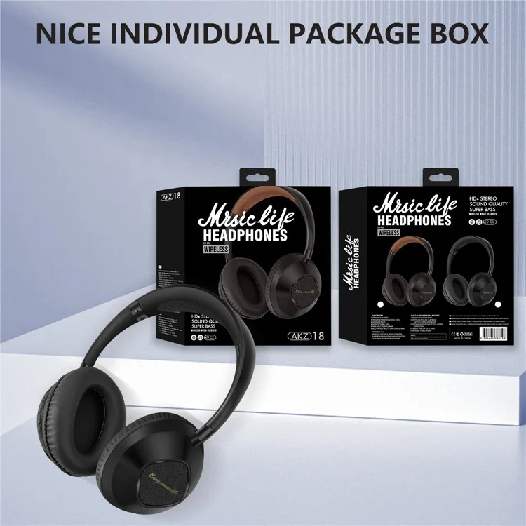 AKZ-18 Over-Ear Headphones Support TF Card HiFi Sound Wireless Bluetooth Headset - Black