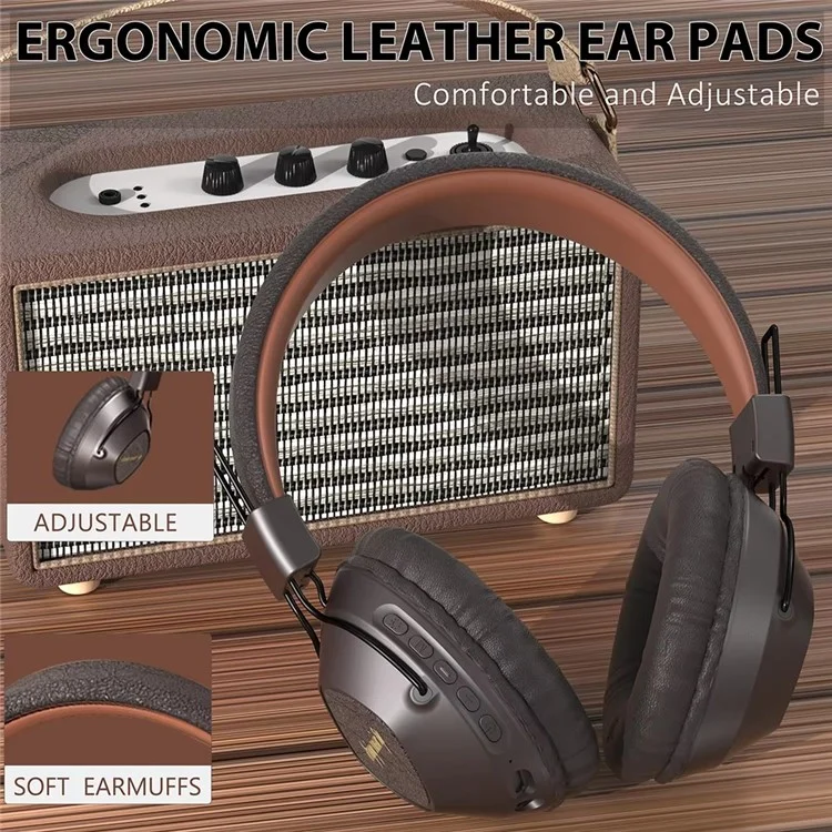 AKZ-17 Retro Headset Support TF Card Foldable Over-Ear Bluetooth Headphones with 3.5mm Jack - Brown