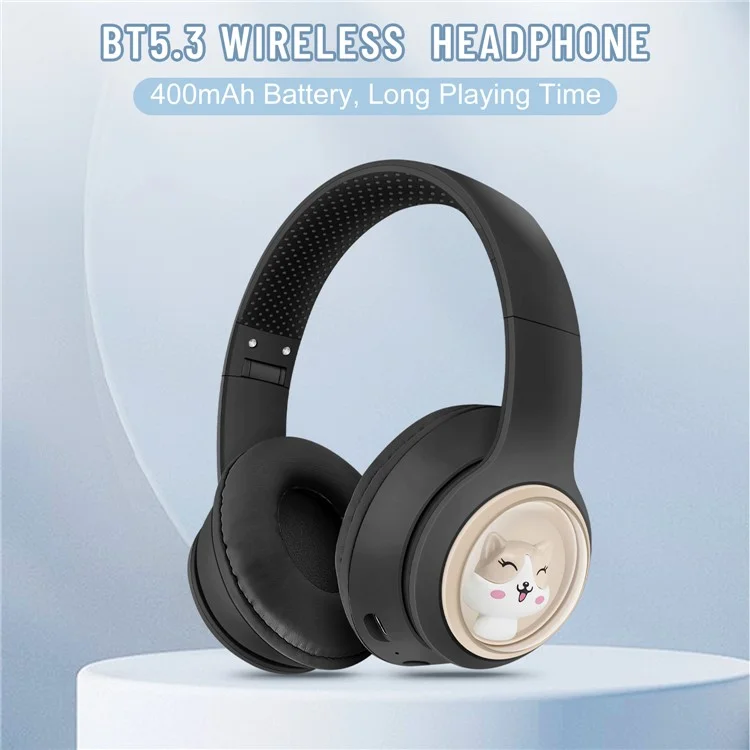 AKZ-06 Cartoon Animal Foldable Over-Ear Bluetooth Headphones Low Latency Gaming Headset - Black
