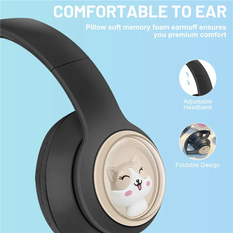AKZ-06 Cartoon Animal Foldable Over-Ear Bluetooth Headphones Low Latency Gaming Headset - Black