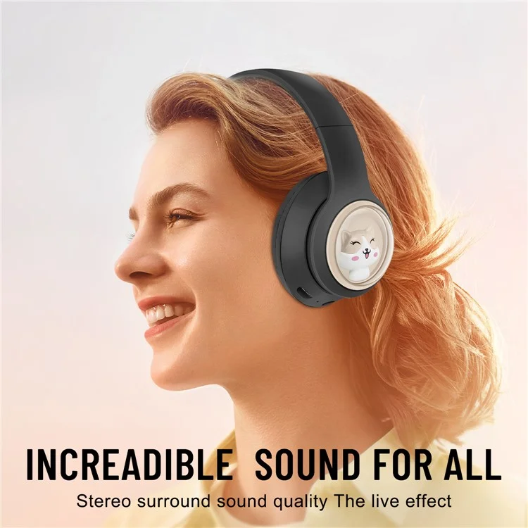 AKZ-06 Cartoon Animal Foldable Over-Ear Bluetooth Headphones Low Latency Gaming Headset - Black