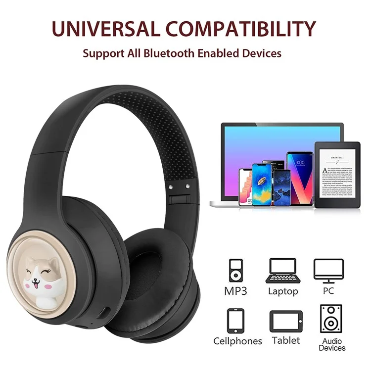 AKZ-06 Cartoon Animal Foldable Over-Ear Bluetooth Headphones Low Latency Gaming Headset - Black