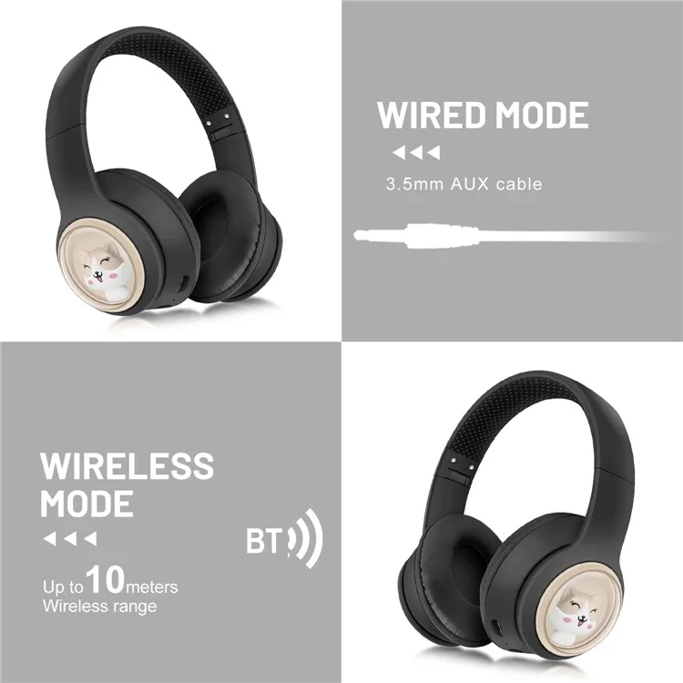AKZ-06 Cartoon Animal Foldable Over-Ear Bluetooth Headphones Low Latency Gaming Headset - Black