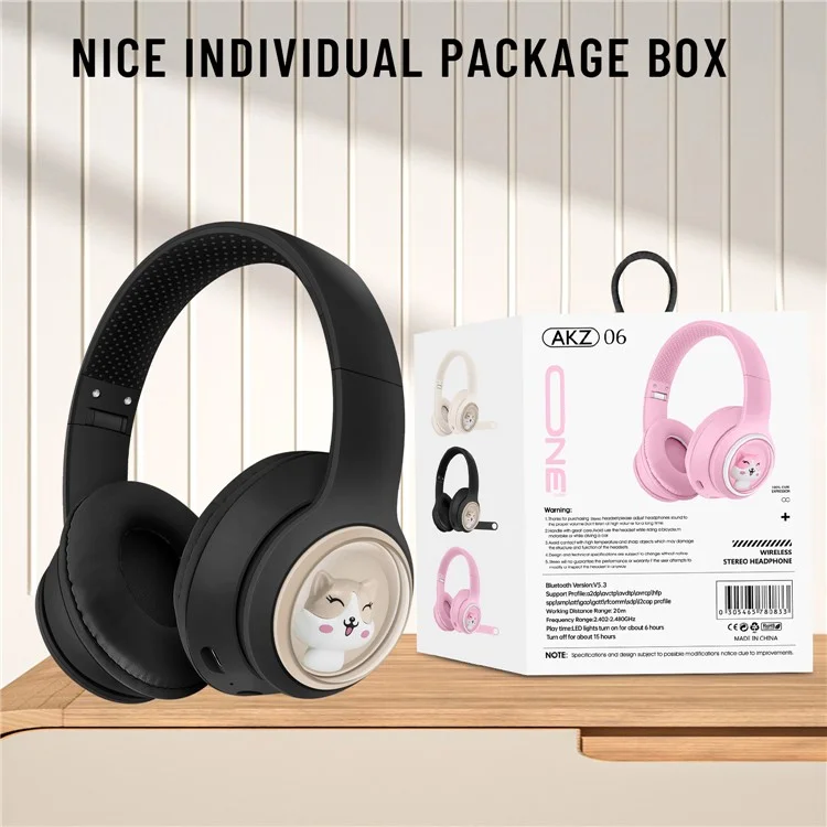 AKZ-06 Cartoon Animal Foldable Over-Ear Bluetooth Headphones Low Latency Gaming Headset - Black