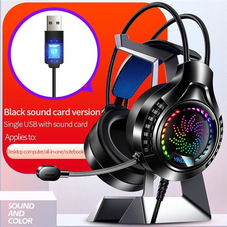 YINDAIO Q7 Deep Bass DTS 7.1 Surrounded Sound Colorful Light Wired Gaming Headphone with Microphone - Single USB with Audio Decoder Chip/Black