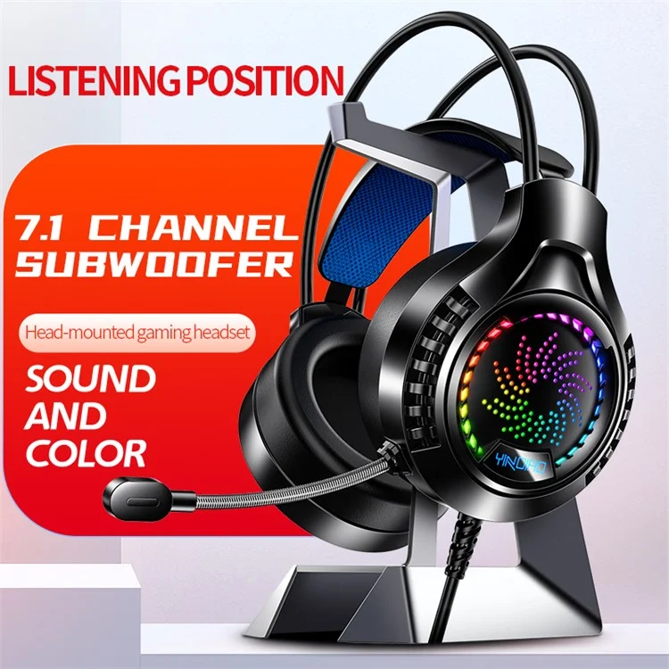 YINDAIO Q7 Deep Bass DTS 7.1 Surrounded Sound Colorful Light Wired Gaming Headphone with Microphone - Single USB with Audio Decoder Chip/Black