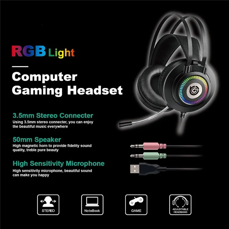 GT9 RGB Light Design Head-mounted Wired Stereo Sound E-sports Headphone Computer Gaming Headset with Adjustable Angle Mic