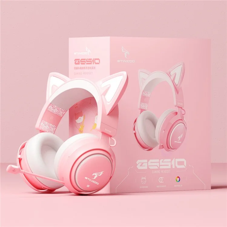 Cute Cat Ear Design USB7.1 Wired Over-Ear E-sports Headphone RGB LED Light Music Gaming Headset - Pink