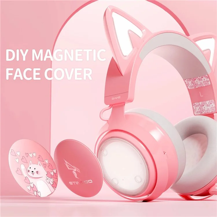 Cute Cat Ear Design USB7.1 Wired Over-Ear E-sports Headphone RGB LED Light Music Gaming Headset - Pink