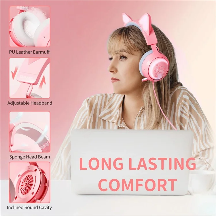 Cute Cat Ear Design USB7.1 Wired Over-Ear E-sports Headphone RGB LED Light Music Gaming Headset - Pink