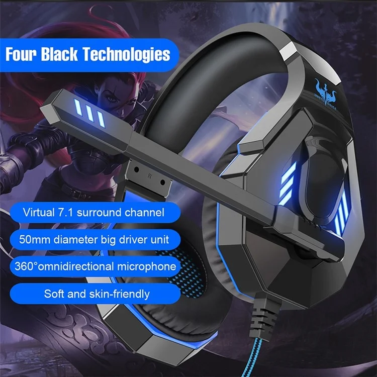 OVLENG Q10 Gaming E-Sports Headphone USB 7.1 Srounding Sound Over-Ear Volume Adjustment Wired Headset Cool LED Light Earphone with Microphone - Black  /  Blue