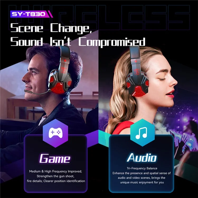 SY-T830 Wired / Wireless Over-ear Headset LED Light Bluetooth Dual Mode Low Latency E-sports Gaming Headphone - Red