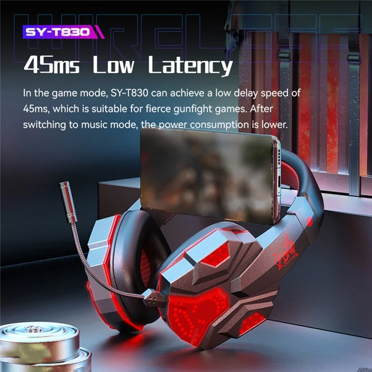SY-T830 Wired / Wireless Over-ear Headset LED Light Bluetooth Dual Mode Low Latency E-sports Gaming Headphone - Red