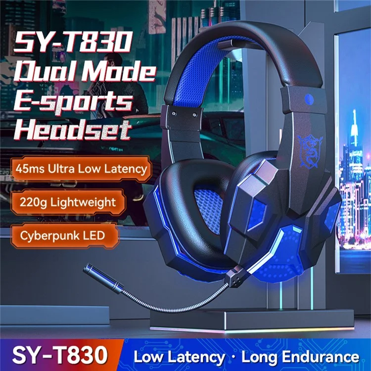 SY-T830 Wired / Wireless Over-ear Headset LED Light Bluetooth Dual Mode Low Latency E-sports Gaming Headphone - Red