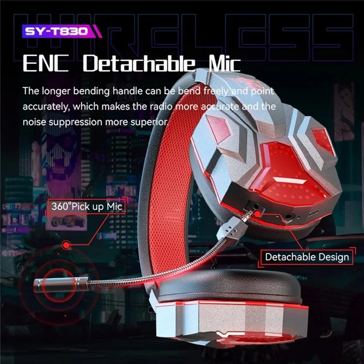 SY-T830 Wired / Wireless Over-ear Headset LED Light Bluetooth Dual Mode Low Latency E-sports Gaming Headphone - Red