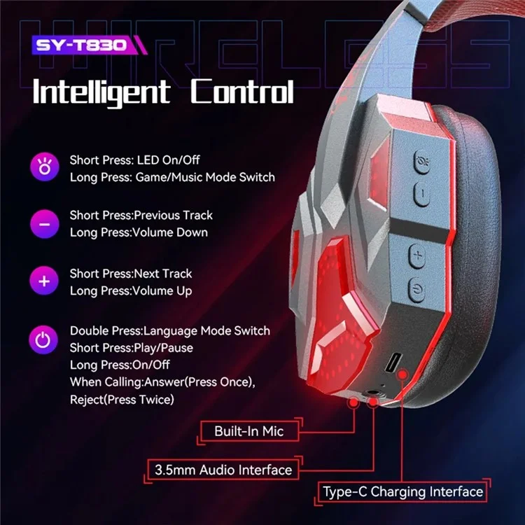 SY-T830 Wired / Wireless Over-ear Headset LED Light Bluetooth Dual Mode Low Latency E-sports Gaming Headphone - Red