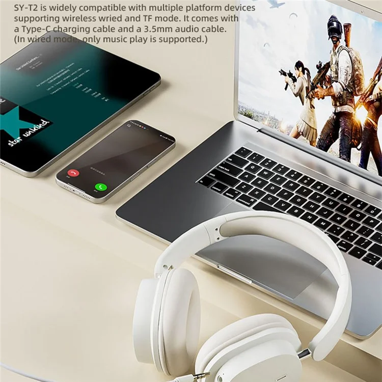 SY-T2 Wireless Over-Ear Bluetooth Headphones Foldable Noise Cancelling Headset with Built-in Microphone - Khaki