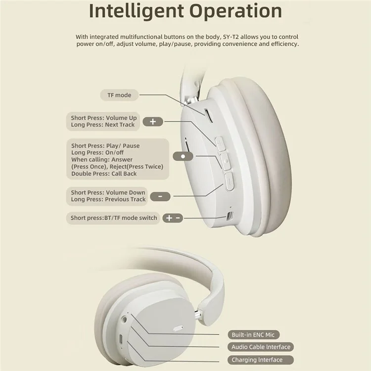 SY-T2 Wireless Over-Ear Bluetooth Headphones Foldable Noise Cancelling Headset with Built-in Microphone - Khaki